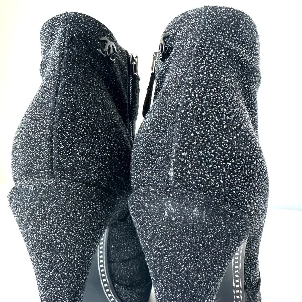 Chanel Black CC Sparkle Glitter Cap Toe Platform Short Boots IT 39